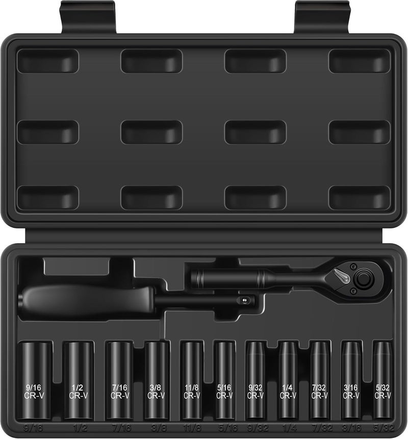 Reniteco 13-Piece 1/4" Drive Socket Set, SAE (3/16"- 11/32"), Deep Sockets, 72-Tooth Ratchet Wrench, Drive Spinner Handle, 6 Point Design, Cr-V - Image 1